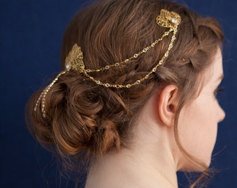 Tocado de boda Art Nouveau con botines - Tocado de novia de oro - Accesorio estilo cadena de pelo - Vestido de novia de la década de 1920