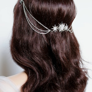 Star Bridal Headpiece Wedding Hair Drape Celestial Hair Accessory with swags Silver Hair Chain Modern Bridal Headpiece with stars image 3