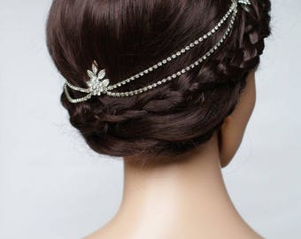 Tocado de plata con cortinas de cadena - Accesorio para el cabello de novia Boho con hojas - Tocado de boda Boho con cadenas de cristal