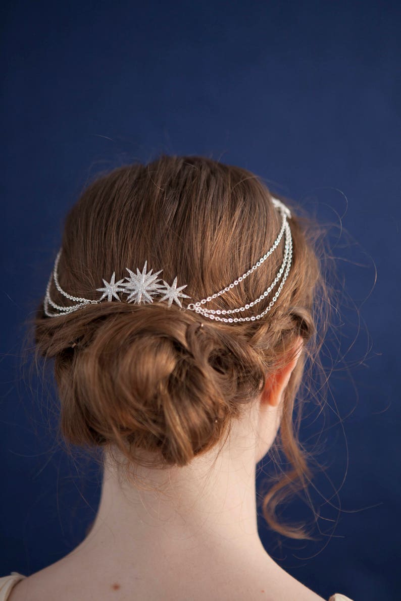 Star Bridal Headpiece Wedding Hair Drape Celestial Hair Accessory with swags Silver Hair Chain Modern Bridal Headpiece with stars image 5