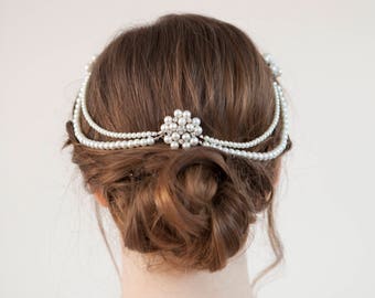 Wedding Headpiece- Draped Hair Chain with Pearls  - 1920s Bridal headpiece - Downton Abbey headpiece - 1920s wedding dress -bun accessory