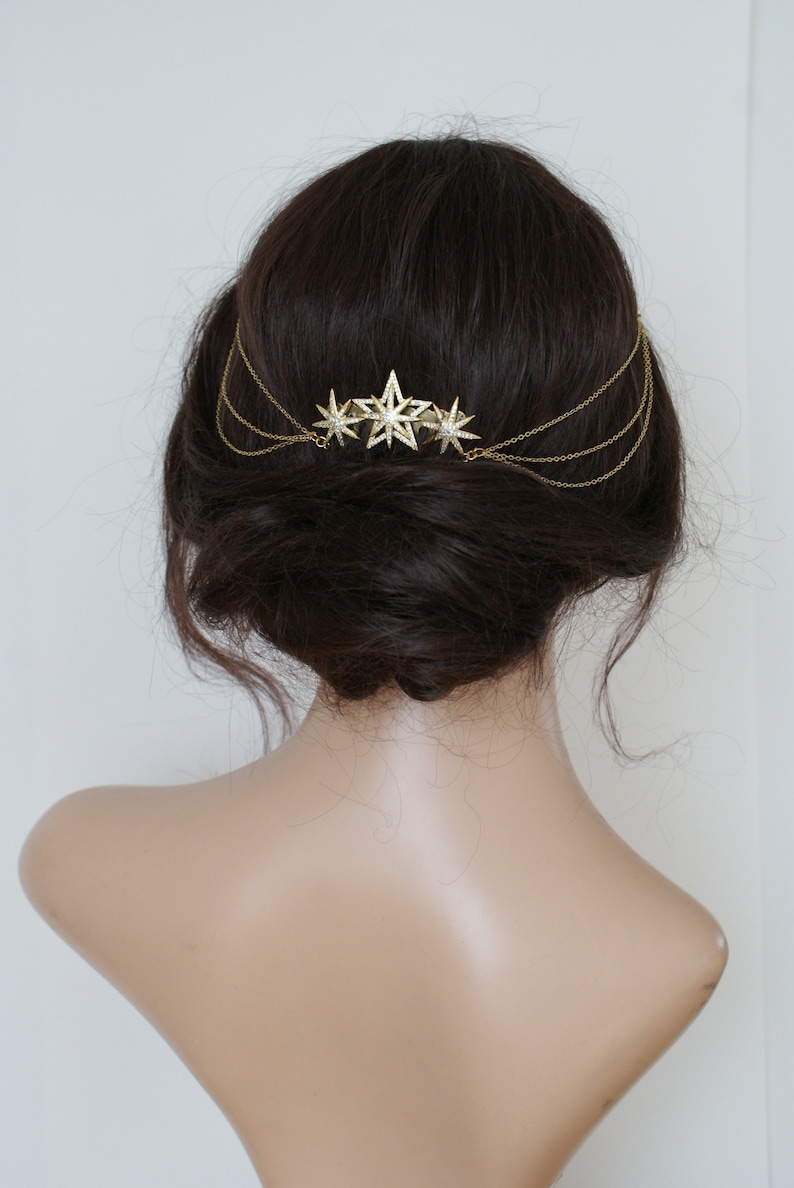 Wedding Hair chain - Bridal Headpiece with swags - Gold Draped Headpiece with Stars - Boho Style Bridal Headpiece .br Wedding Hair chain - Bridal Headpiece with swags - Gold Draped Headpiece with Stars - Boho Style Bridal Headpiece .br