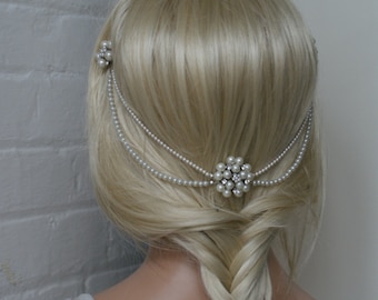 Wedding Headpiece with pearls - pearl hair comb bridal hair accessory - bohemian headpiece  - back of head hair drape