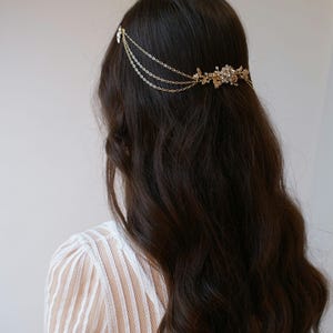Copricapo da sposa drappeggiato - Drappo per capelli da sposa in oro - Accessorio per capelli in oro con festoni - Catena per capelli in oro - Copricapo da sposa moderno con stelle
