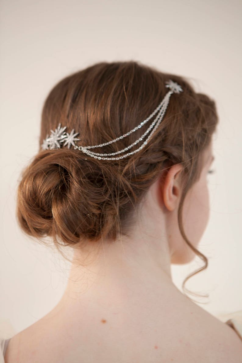 Star Bridal Headpiece Wedding Hair Drape Celestial Hair Accessory with swags Silver Hair Chain Modern Bridal Headpiece with stars image 2