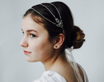 Crystal Wedding Headpiece - Dramatic Silver Head chain hair accessory - alternative tiara -Vintage style Bridal Headpiece