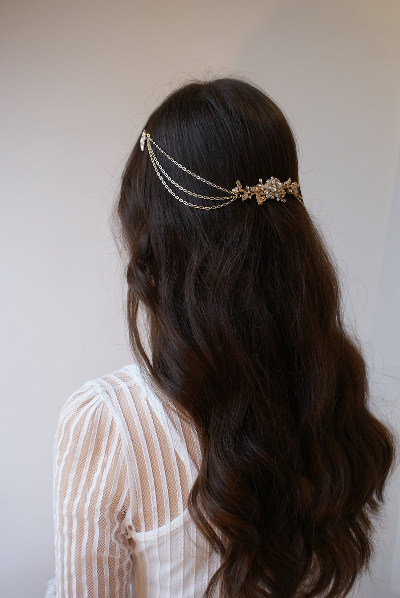 Draped Bridal Headpiece Gold Wedding Hair Drape Gold Hair Accessory with swags Gold Hair Chain Modern Bridal Headpiece with stars image 1