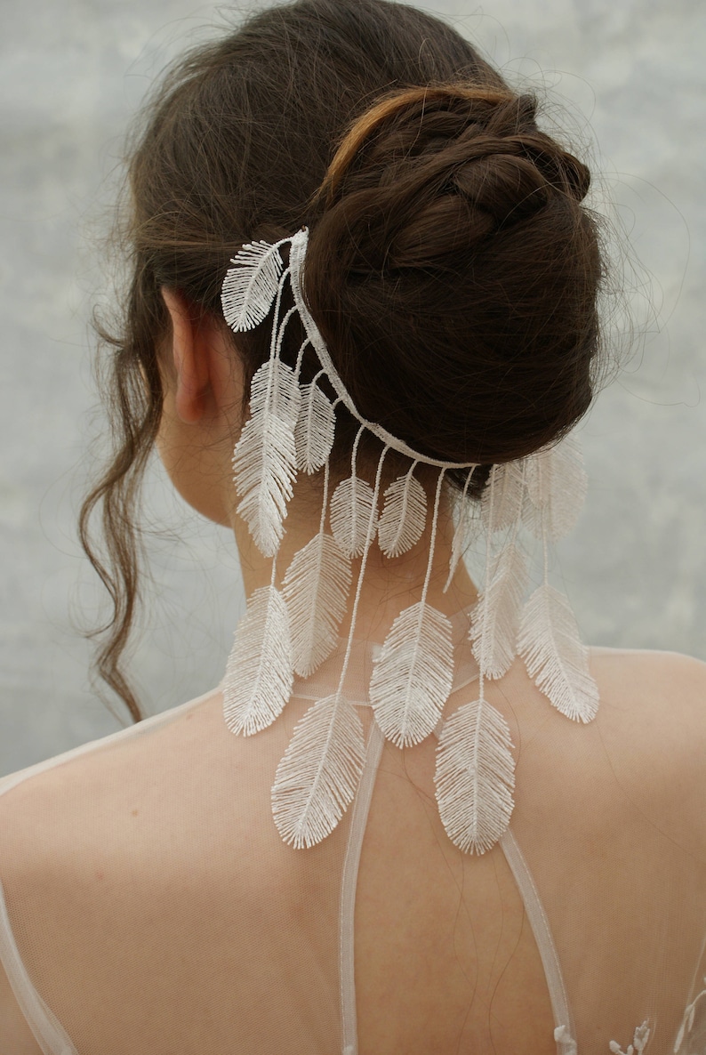 bohemian wedding veil silver bridal veil with feathers boho veil hair accessory alternative wedding hair accessory ivory or gold zdjęcie 8