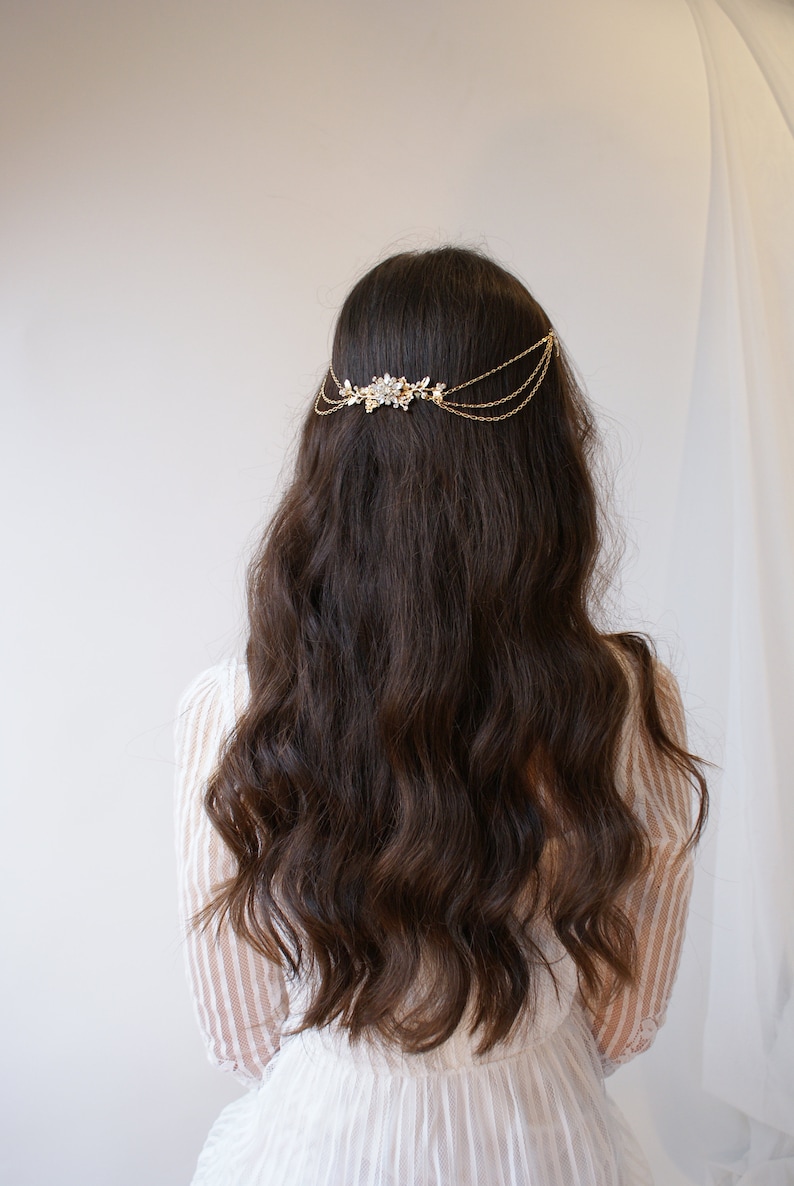 Draped Bridal Headpiece Gold Wedding Hair Drape Gold Hair Accessory with swags Gold Hair Chain Modern Bridal Headpiece with stars image 3