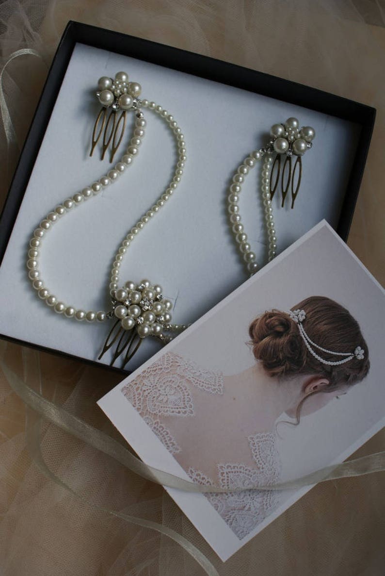 Wedding Headpiece with pearls pearl hair comb bridal hair accessory bohemian headpiece back of head hair drape 画像 5