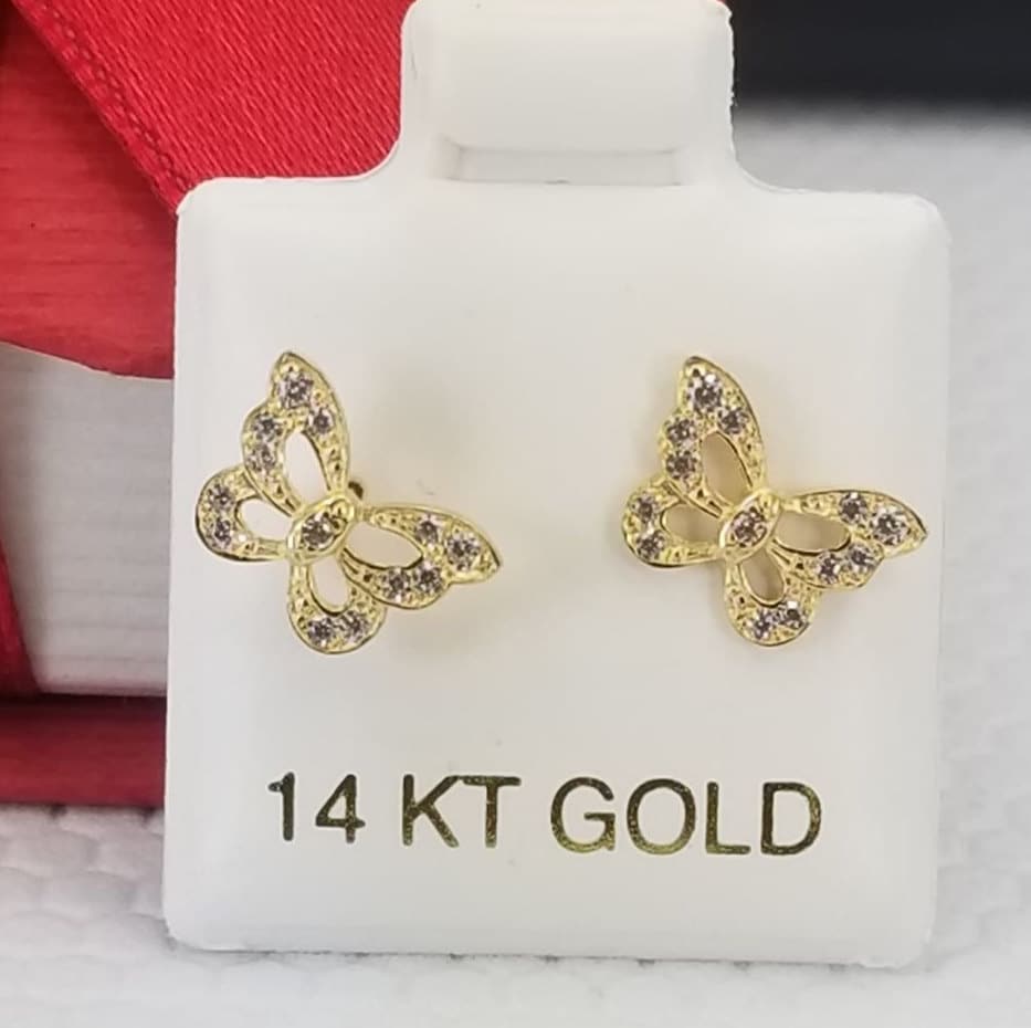 14k Gold Butterfly Earrings / Aretes De Mariposa En Oro 14K