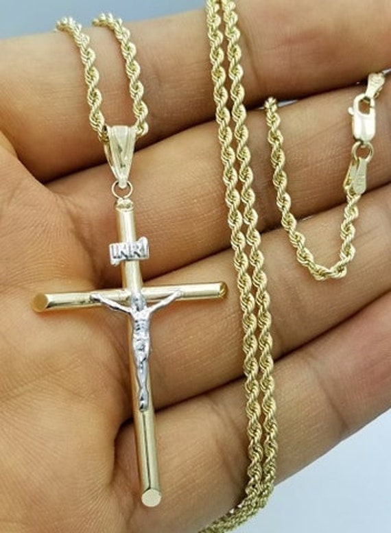 14k Gold Cross With a Rope Chain 