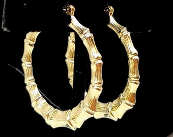 10K Solid Gold Bamboo Hoop Earrings – Classic Textured Statement Hoops
