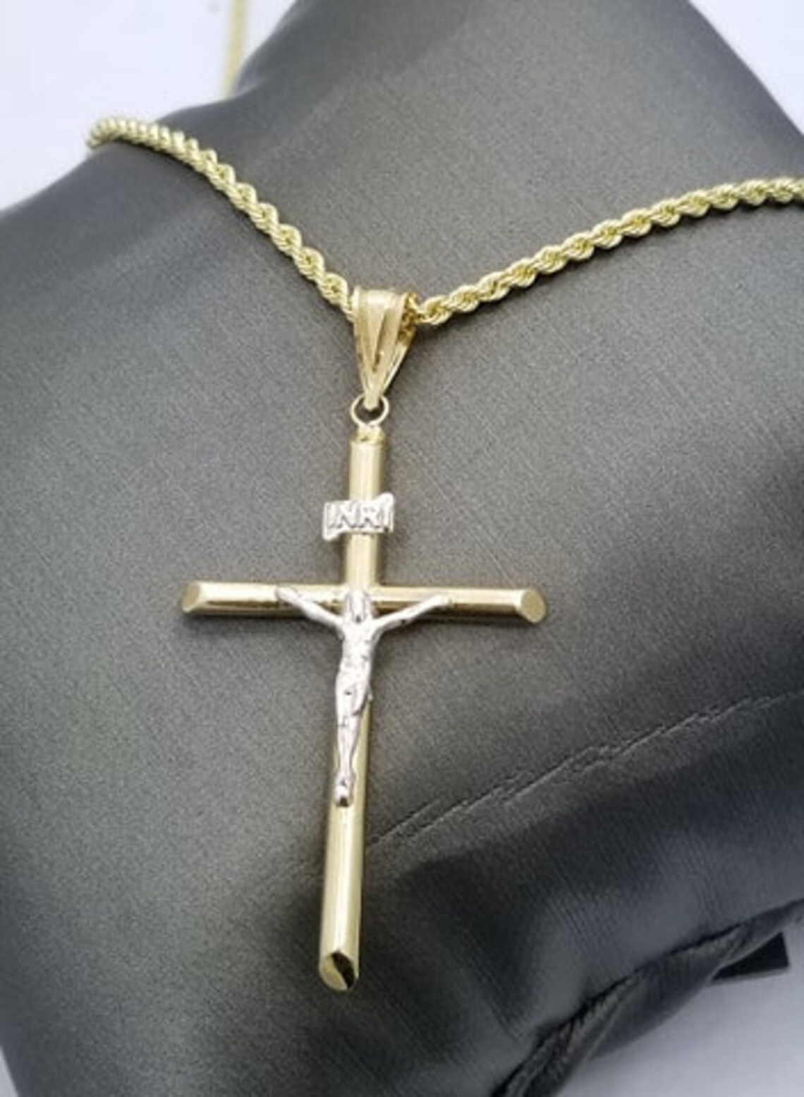 14k Gold Cross With a Rope Chain Necklace Etsy