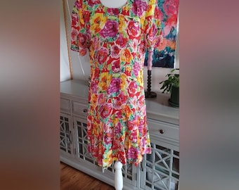 Vintage Carole Little Bright Floral Drop Waist Dress, Pleated 80s-90s Silhouette