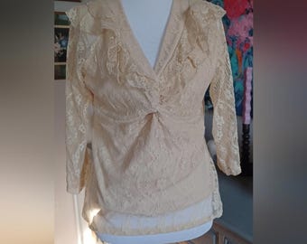 Y2K Floral Lace Twisted Front Ruffle Sheer Sleeve Top