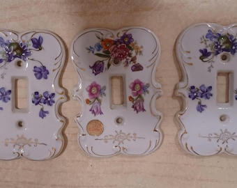 ヴィンテージ日本製花柄磁器製ランプカバープレート3枚セット