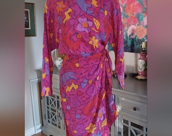 100% Silk Bright And Bold Abstract Faux Wrap Vintage Dress