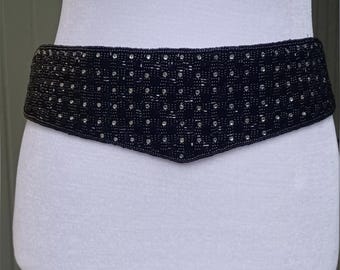 La Regale Vintage Beaded Belt - Black Gold Silver Fabric 