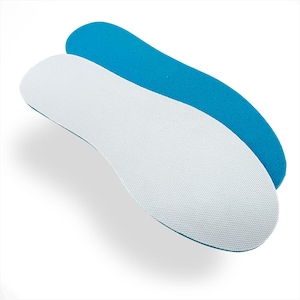 May include: Two shoe insoles. One insole is white with a textured surface, and the other is blue. The insoles are designed to fit inside shoes for added comfort and support. The insoles are shown on a white background.