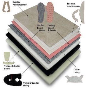 Shoemaking Supplies DIY Parts Super Kit: Shoe Lasting Boards, Heel Counters, Toe Puff, Foam, Lining Mesh, Eyestay Reinforcement.