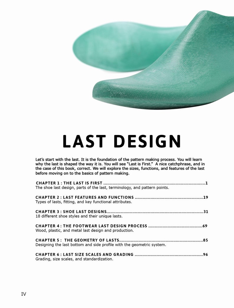 May include: A book cover with a green shoe last on a white background. The title of the book is "Last Design". The book is about the design and production of shoe lasts. The book cover also includes a table of contents with chapter titles and page numbers.