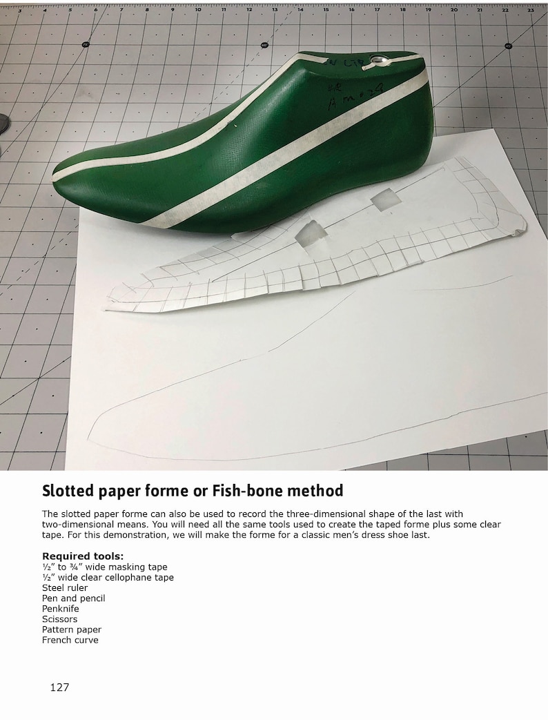 May include: A green shoe last with white tape markings on a white gridded paper. The text "Slotted paper forme or Fish-bone method" is below the image. The text "Required tools:" is followed by a list of tools needed to create a shoe last.