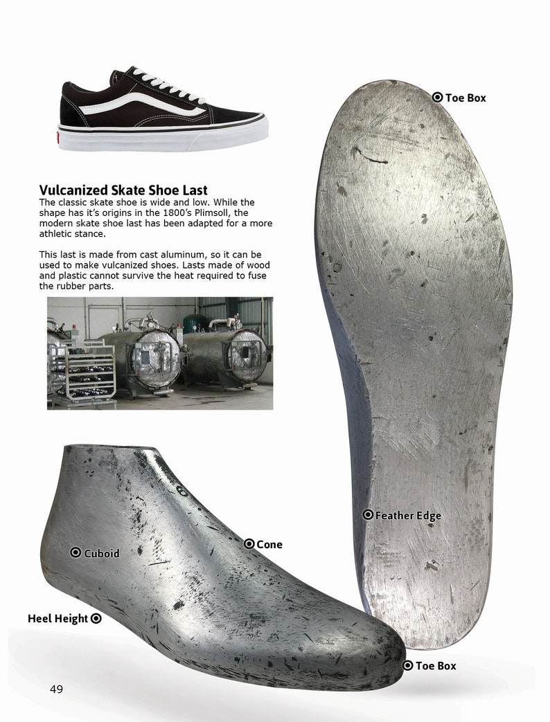 May include: A close-up of a metal shoe last used for making vulcanized skate shoes. The last is made of cast aluminum and has a variety of features, including a toe box, a cone, a cuboid, a feather edge, and a heel height.