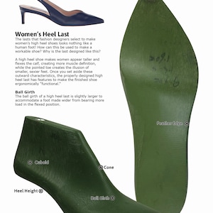 May include: A green high heel shoe last with markings for the toe box, ball girth, cone, cuboid, heel height, and feather edge. The last is used to create high heel shoes.