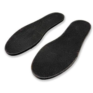 May include: Two black shoe insoles are displayed against a white background. The insoles are oval-shaped, with a textured surface. They are designed to fit inside shoes for added comfort and support. The insoles are made of a dark, possibly foam-like material.