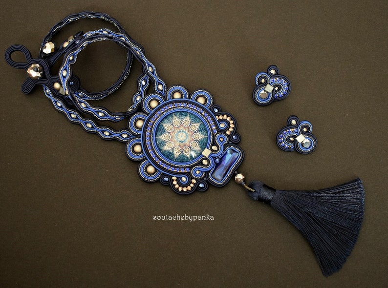 Sale 20/% Blue soutache necklace with tassel and stud mini earrings.