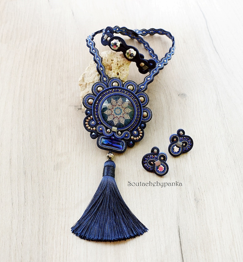 Sale 20/% Blue soutache necklace with tassel and stud mini earrings.