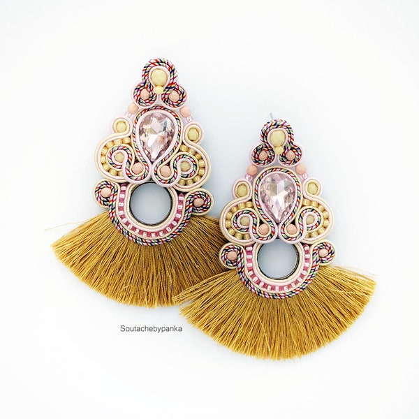 Colorful circles earrings, tassel earrings, statement soutache earrings, Luxurious jewelry, fan circle geometric earring, gift for birthday
