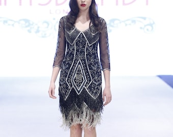 US10 UK14 AUS14 EU42 Scarlette Black silver Flapper Dress with sleeves Slip Included 20s inspired Great Gatsby Deco Charleston Downton Abbey