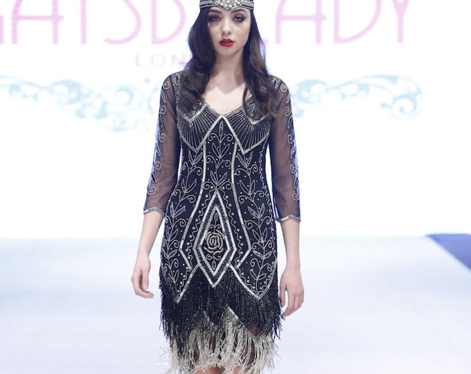Scarlet Black silver Flapper Dress with sleeves Slip Included 20s Vintage inspired Great Gatsby Art Deco Charleston Downton Abbey Beaded