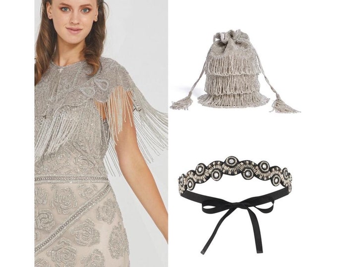 Flapper Embellished Silver Cape Bucket bag and Black silver Headband 20s inspired Wedding Bolero Great Gatsby Art Deco beaded Shrug cape