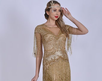 Plus Size Ethel Gold fringe Maxi Wedding Guest Prom Dress 1920s Great Gatsby Art Deco Downton Abbey Bridesmaids Charleston Speakeasy