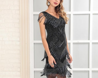 Plus Size US20 UK24 AUS24 EU52 Rita Flapper Fringe Dress Black Silver 1920s inspired Great Gatsby Art Deco Bridesmaids Wedding Party Guest