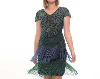 Leona Peacock Flapper Dress Black Multi Wedding guest Bridesmaids 1920s Vintage Gatsby Art Deco Downton Abbey Charleston Jazz age