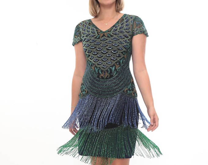 Leona Peacock Flapper Dress Black Multi Wedding guest Bridesmaids 1920s Vintage Gatsby Art Deco Downton Abbey Charleston Jazz age