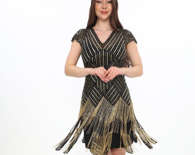 Ann Black Gold Fringe Flapper Dress 1920s Great Gatsby Art Deco Charleston Downton Abbey Bridesmaid Wedding Party Cocktails