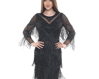 Limited Edition Black Tie Flapper Dress Long Sleeves 1920s Gatsby Fringe Art Deco Cocktail Speakeasy Bridesmaids Wedding Delores