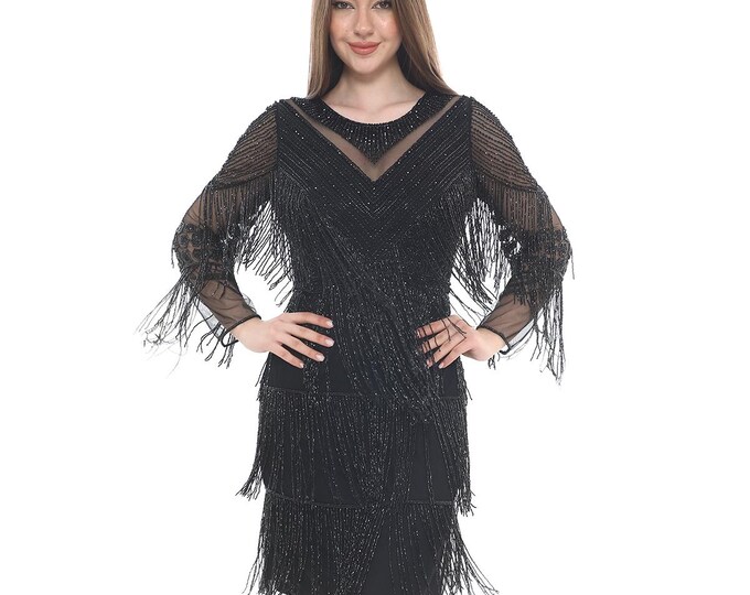 Size US14 UK18 AUS18 EU46 Black Tie Flapper Dress Long Sleeves 1920s Gatsby Fringe Art Deco Cocktail Speakeasy Bridesmaids Wedding Delores