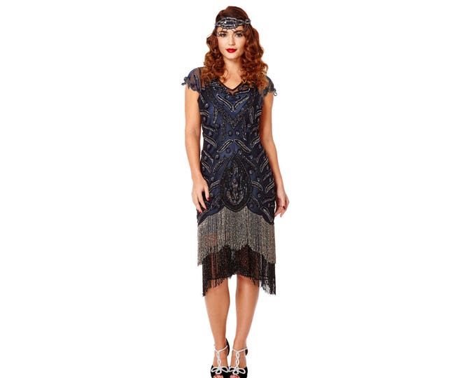 US20 UK24 AUS24 EU52 Plus Size Vegas Black Navy Flapper Dress Slip Included 1920s Great Gatsby Art Deco Charleston Downton Abbey Bridesmaid