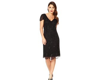 US4 UK8 AUS8 Black Vintage inspired 1920s vibe Flapper Great Gatsby Downton Abbey Beaded Charleston Sequin Art Deco Dress New Hand Made