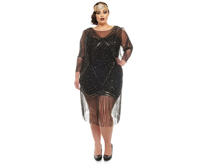 US16 UK20 AUS20 EU48 Betty Plus size Black Fringe Dress with Sleeves Slip included 20s inspired Flapper Gatsby Charleston Bridesmaid ArtDeco