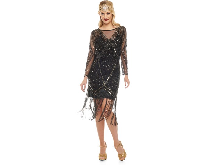 Betty Black Gold Fringe Dress With Sleeves With Slip 20s Vintage