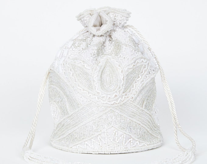 Vintage Inspired Beatrice Bucket Pouch clutch purse bag White Wedding Bridal Bridesmaids 20s Great Gatsby Flapper Art Deco retro Handmade