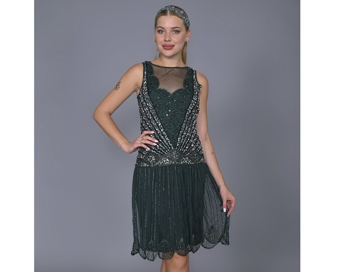 Plus size US20 UK24 EU52 AUS24 Hand made Elaina Flapper Forest Green Dress 1920s Great Gatsby Art Deco Charleston Bridesmaid Wedding Jazz