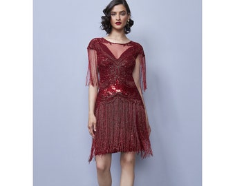 Sybil Red Fringe Dress Jazz age 1920s Vintage inspired Great Gatsby Art Deco Charleston Downton Abbey Bridesmaid Wedding